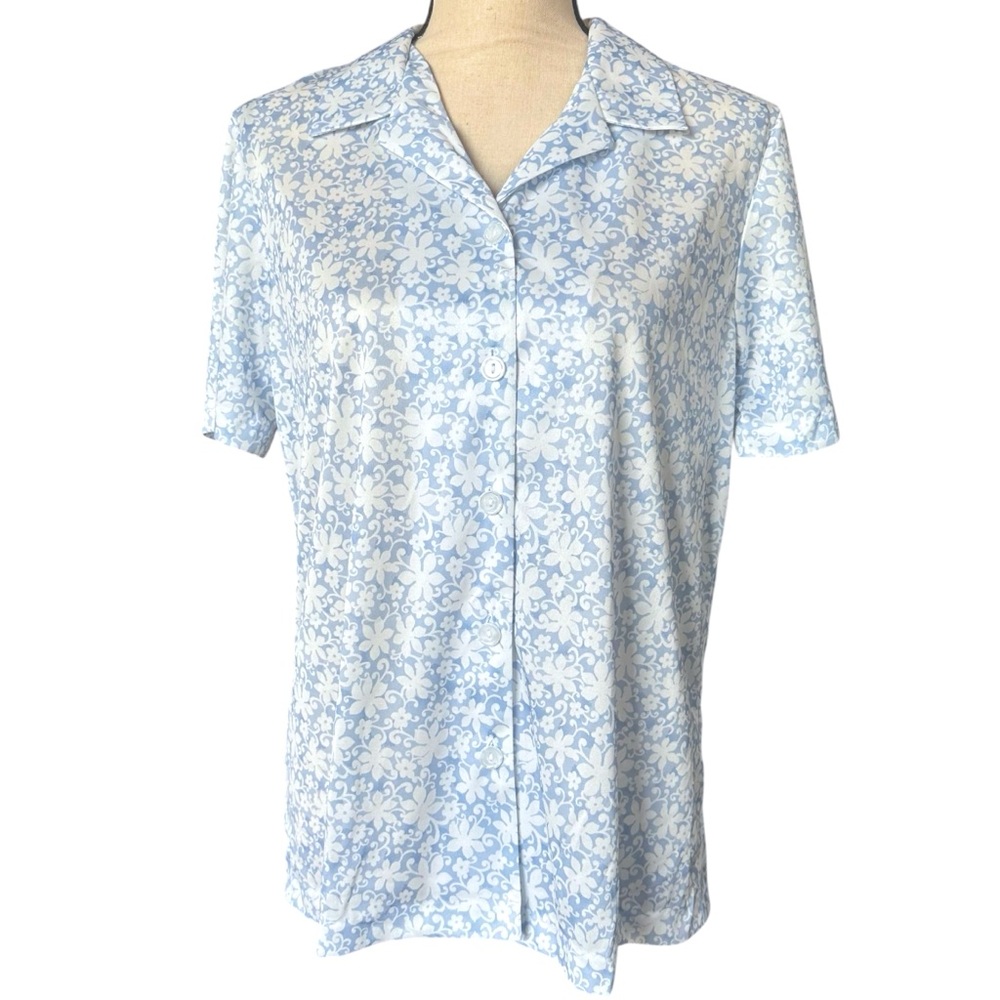 BLAIR Floral Button Down Camp Golf Shirt Unisex Size Medium Blue White
